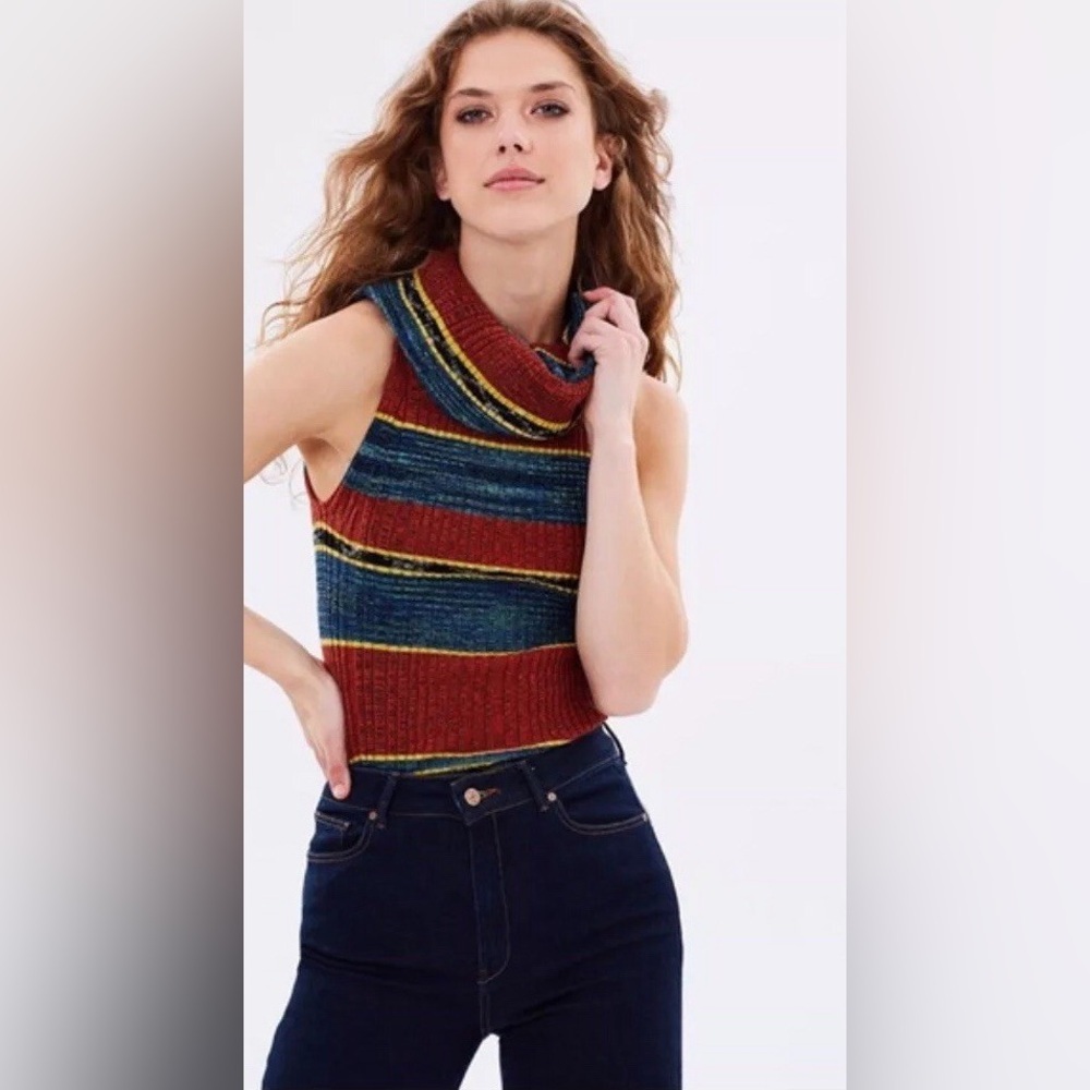 Free People, Carly Cowl Ribbed Tank Sweater Red Combo, Small